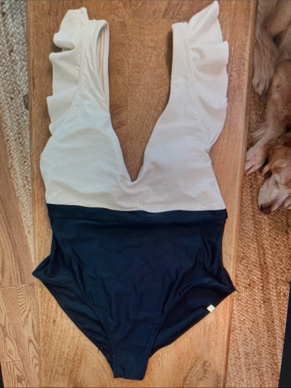 Two-Tone Ruffle Strap V-Neck One-Piece Swimsuit in Cream and Black